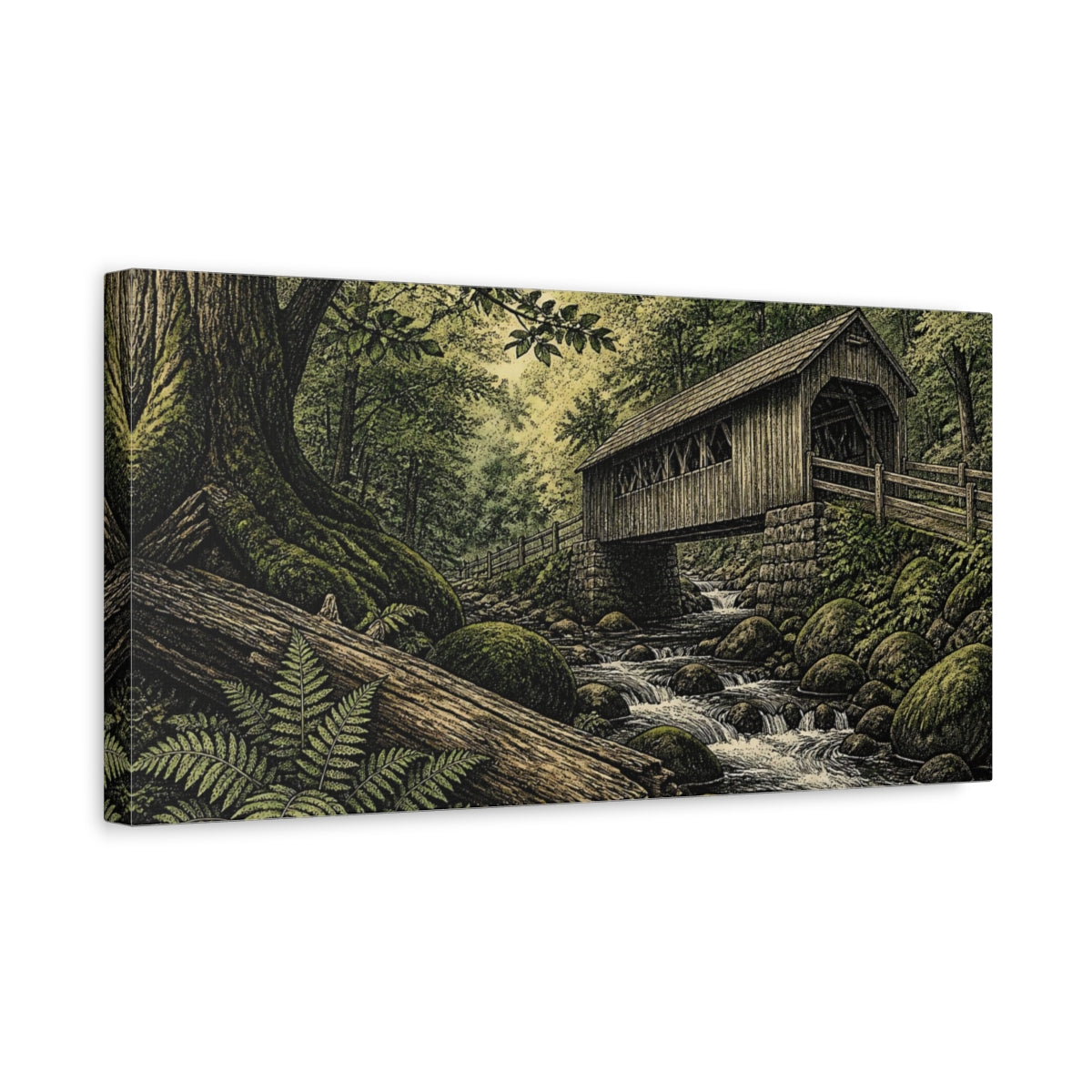 Side Mockup 3. Mossy Covered Bridge shown as canvas print
