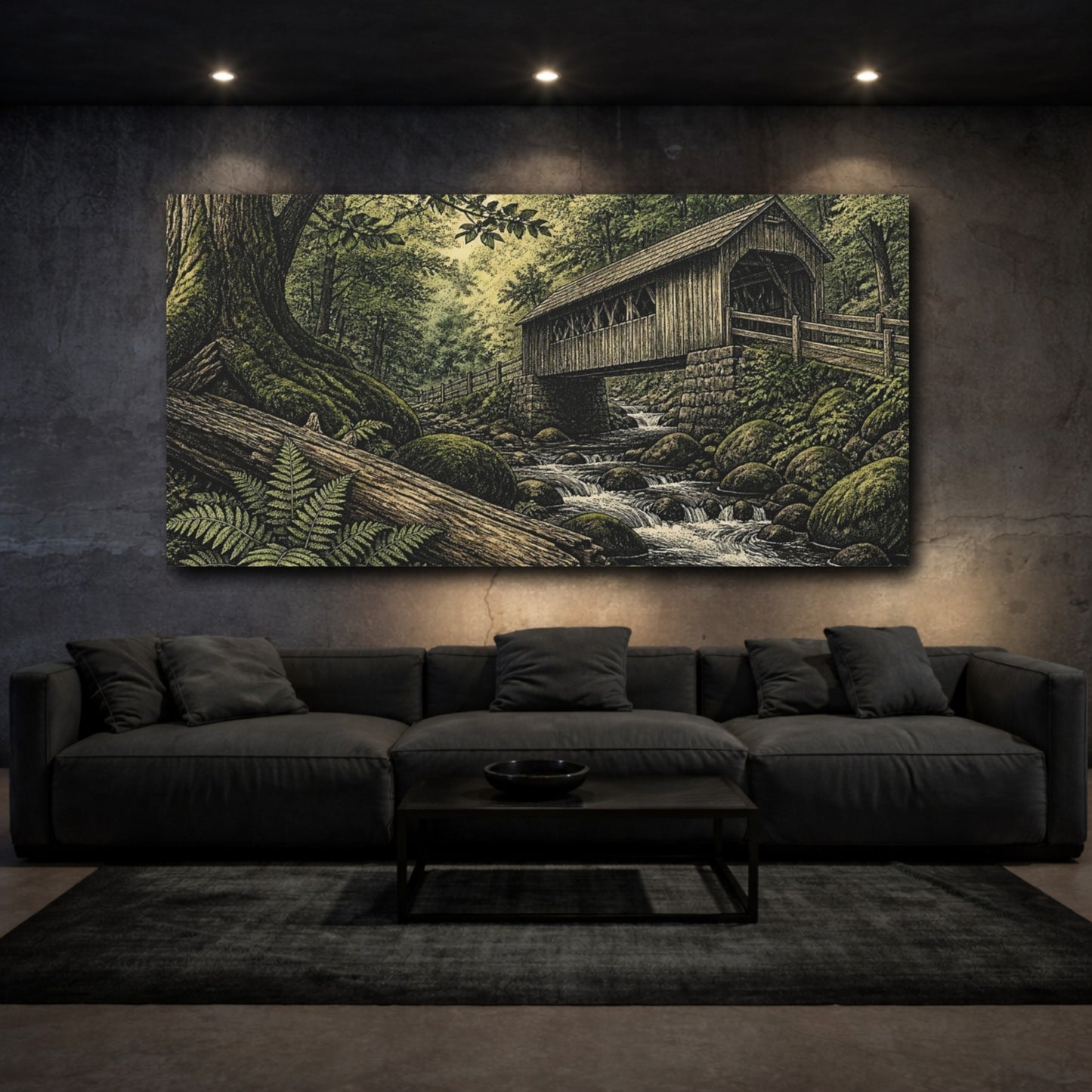 Mockup 3. Mossy Covered Bridge shown as canvas print