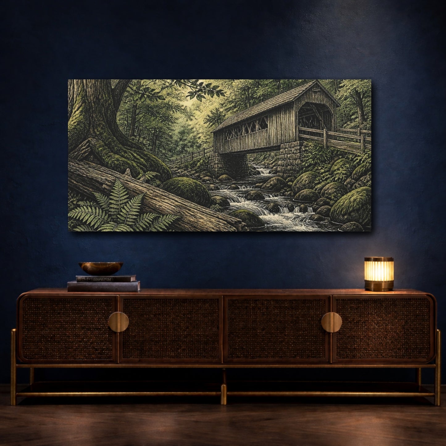Mockup 4. Mossy Covered Bridge shown as canvas print