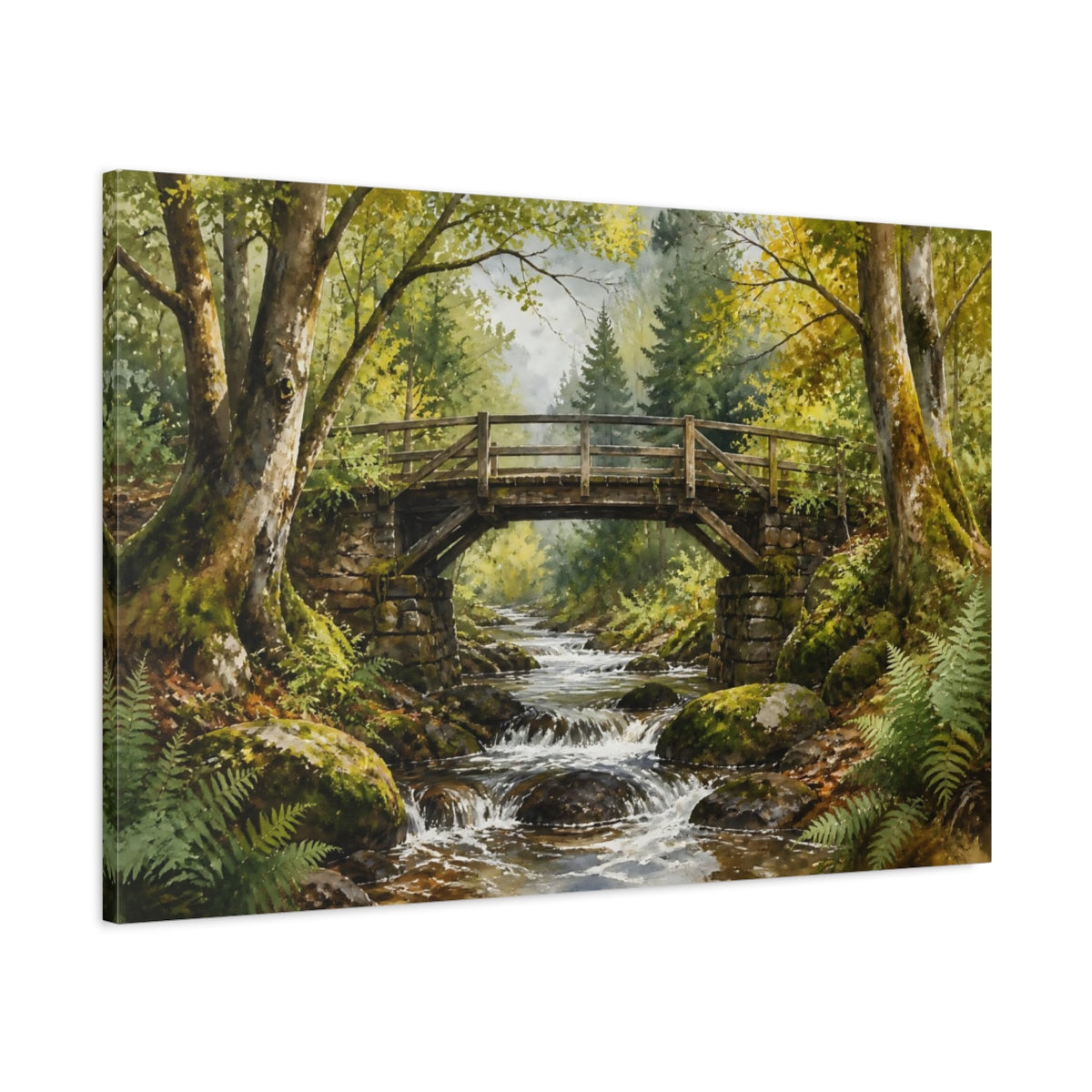 Main Mockup. Mossy Forest Bridge shown as canvas print