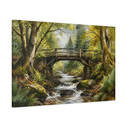 Main Mockup. Mossy Forest Bridge shown as canvas print