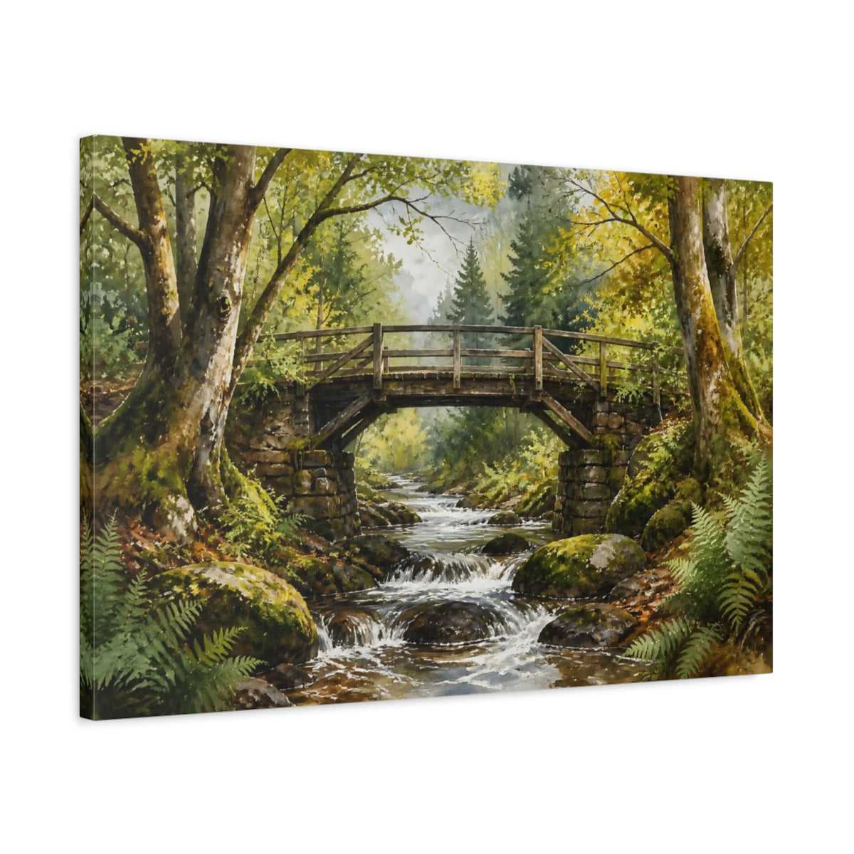 Side Mockup 2. Mossy Forest Bridge shown as canvas print