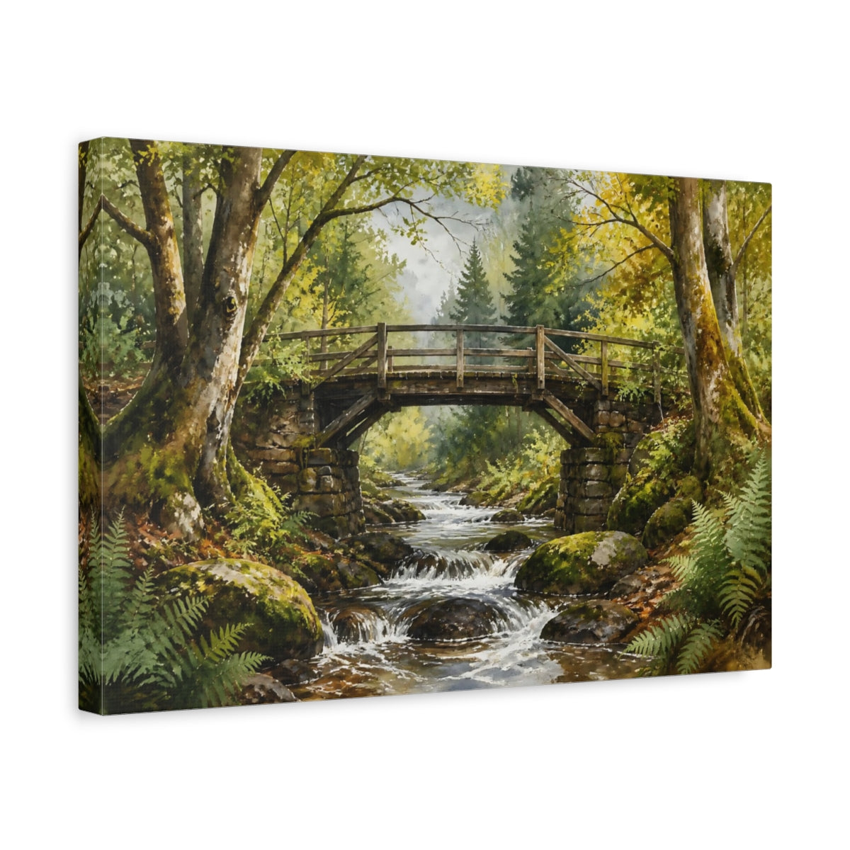 Side Mockup 4. Mossy Forest Bridge shown as canvas print