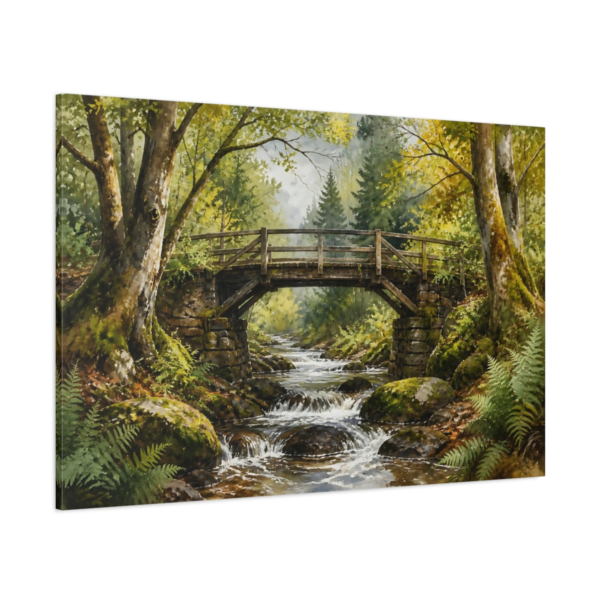 Side Mockup 1. Mossy Forest Bridge shown as canvas print