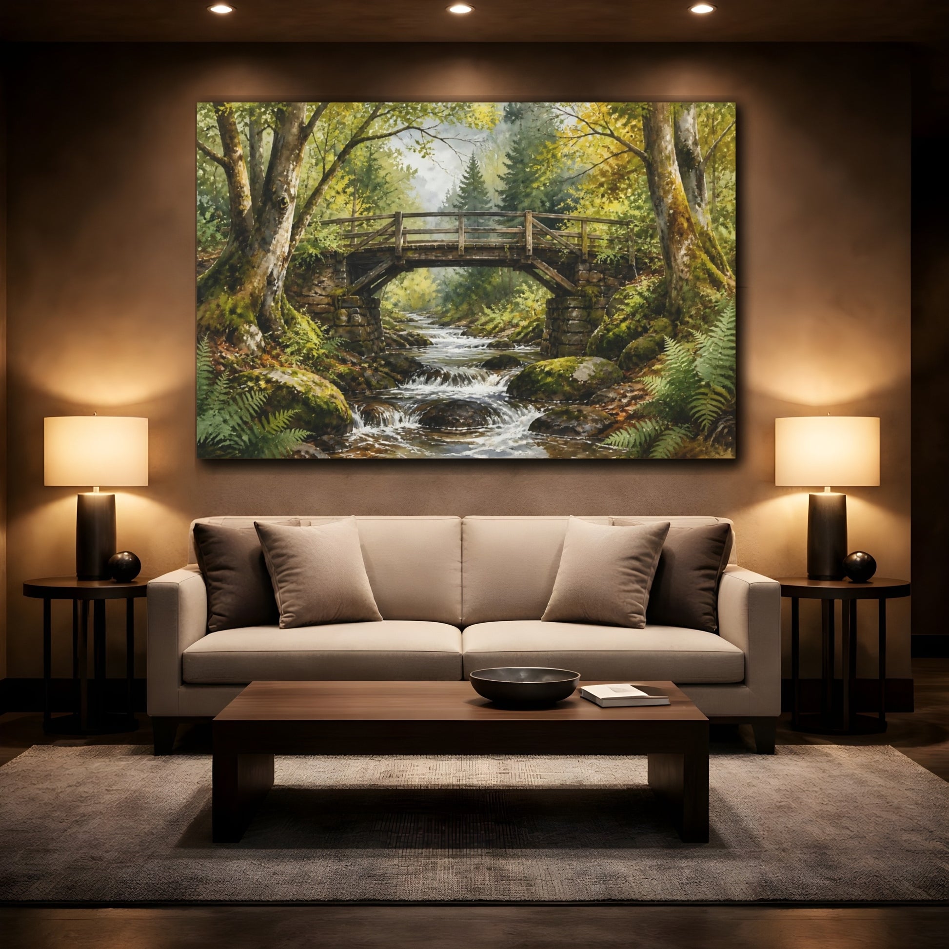 Mockup 2. Mossy Forest Bridge shown as canvas print