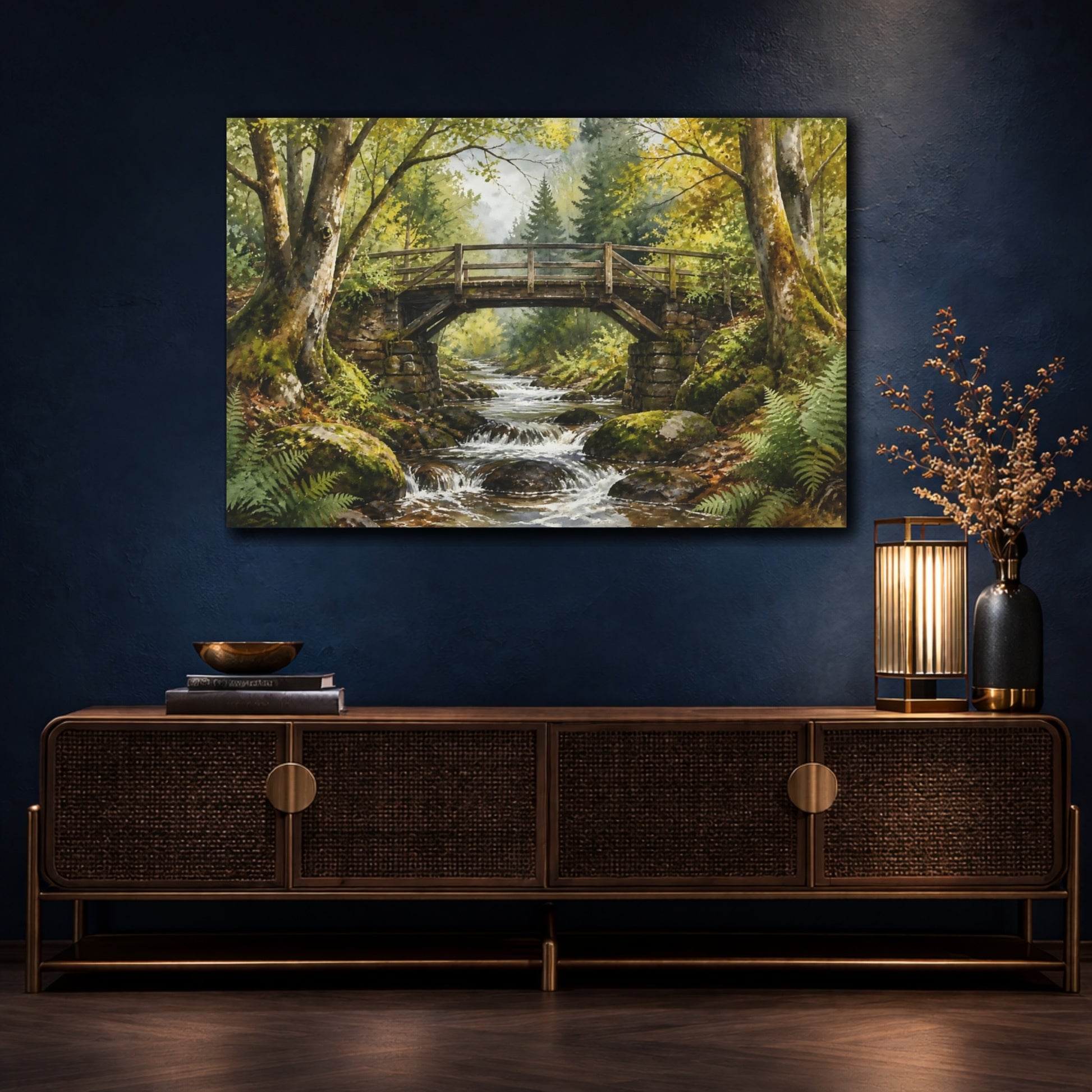 Mockup 4. Mossy Forest Bridge shown as canvas print