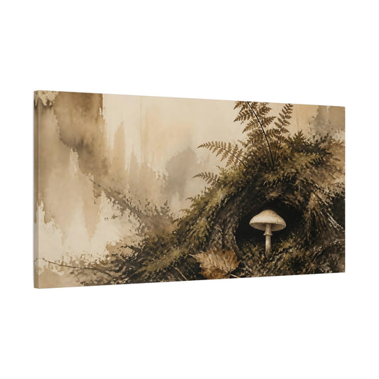 Main Mockup. Mossy Hollow Mushroom shown as canvas print
