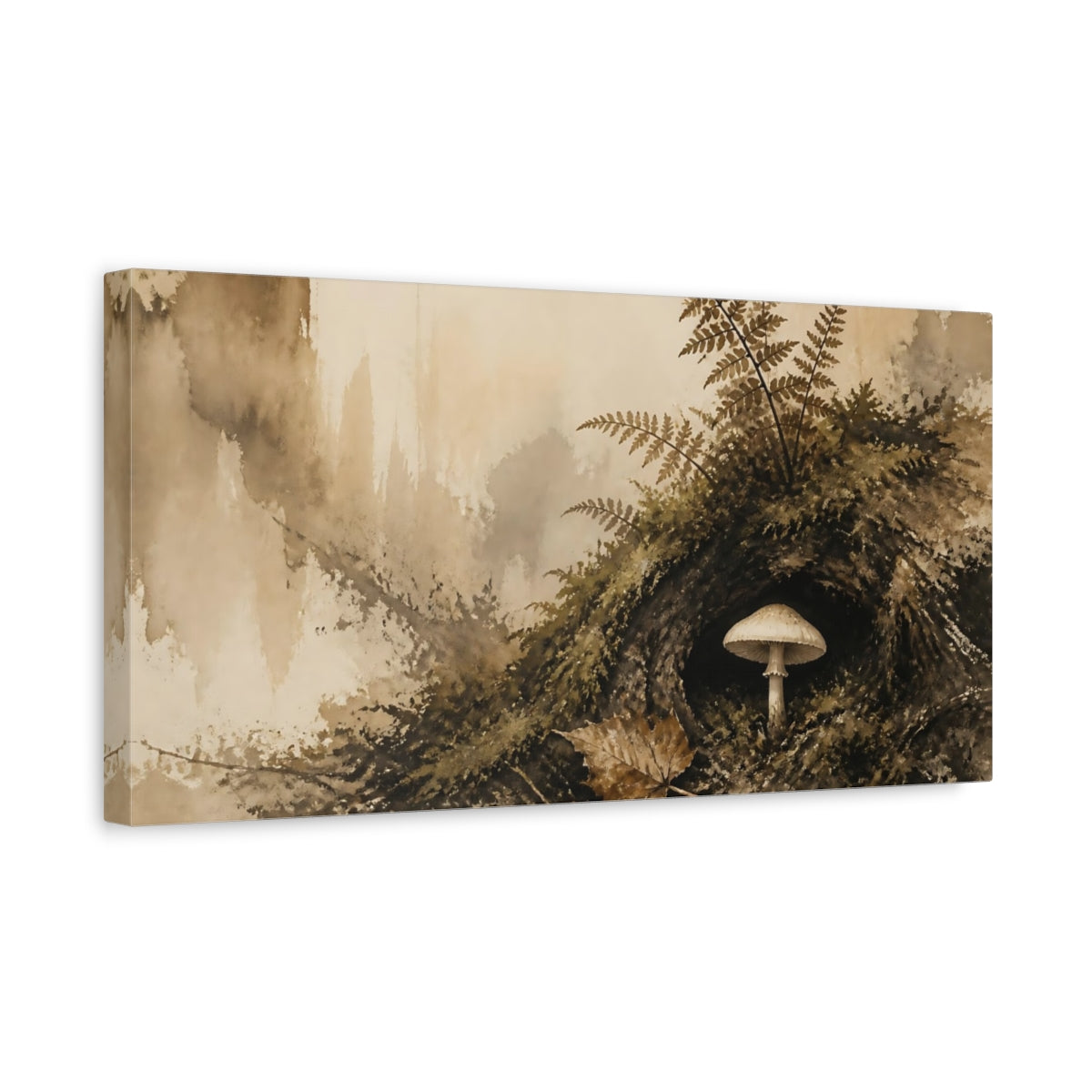 Side Mockup 3. Mossy Hollow Mushroom shown as canvas print