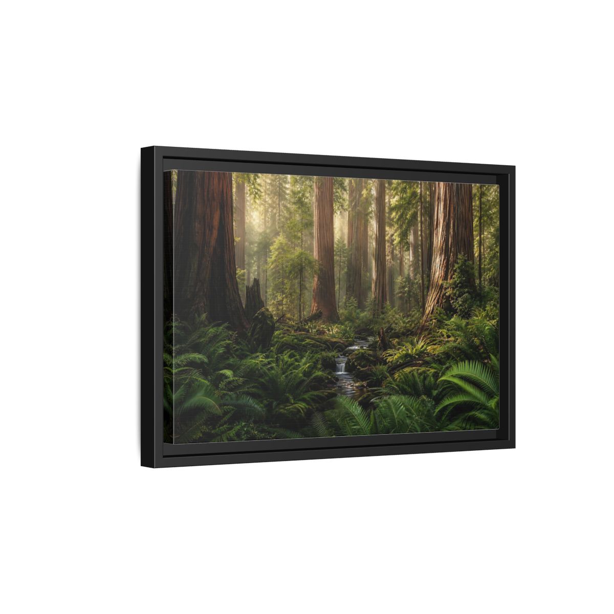Side Mockup 6. Mossy Redwood Forest Stream shown as framed canvas print
