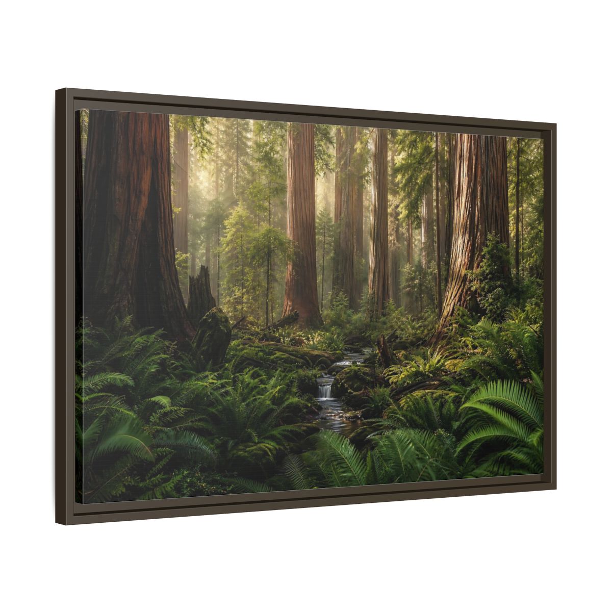 Side Mockup 11. Mossy Redwood Forest Stream shown as framed canvas print