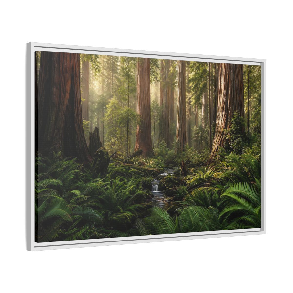 Side Mockup 9. Mossy Redwood Forest Stream shown as framed canvas print
