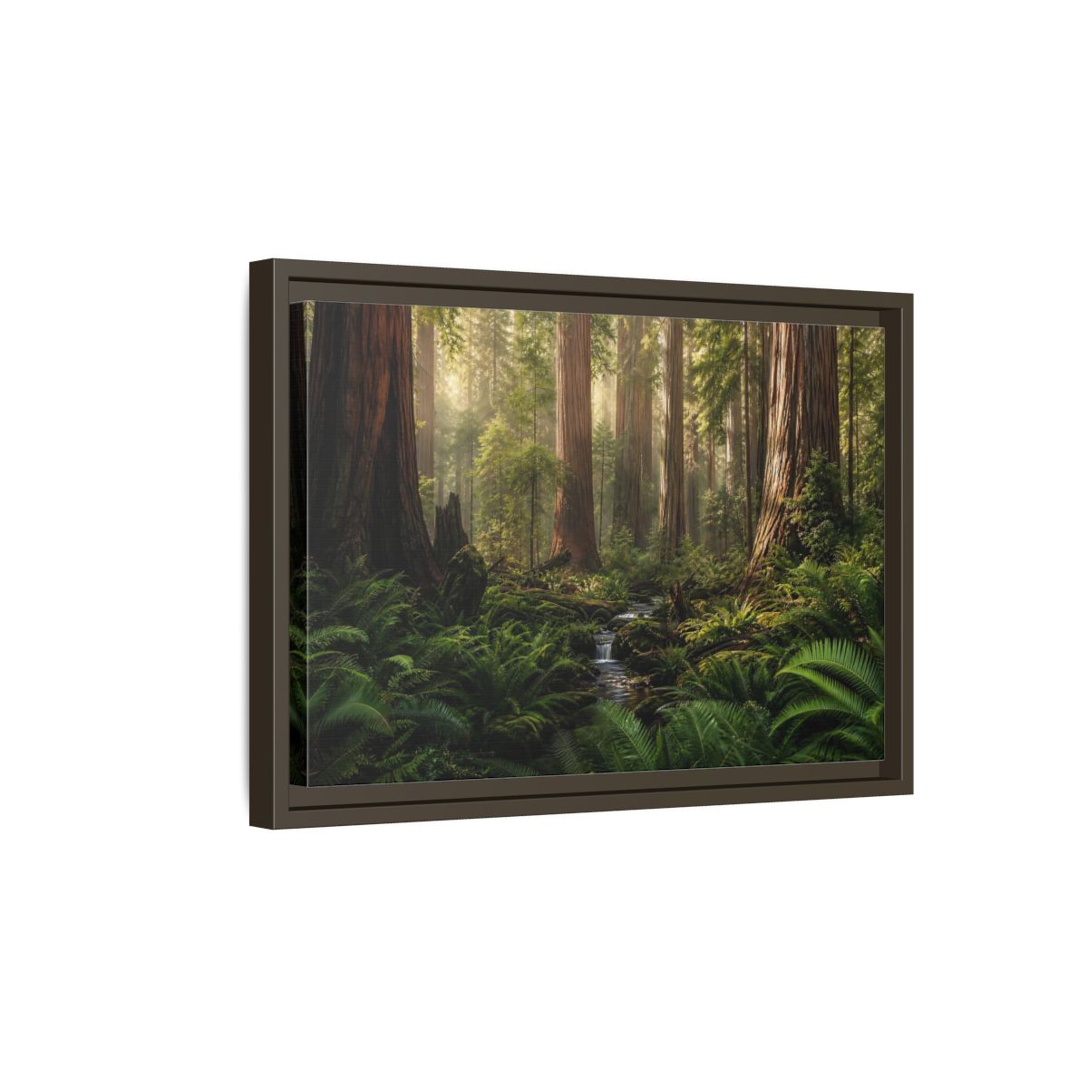 Side Mockup 5. Mossy Redwood Forest Stream shown as framed canvas print