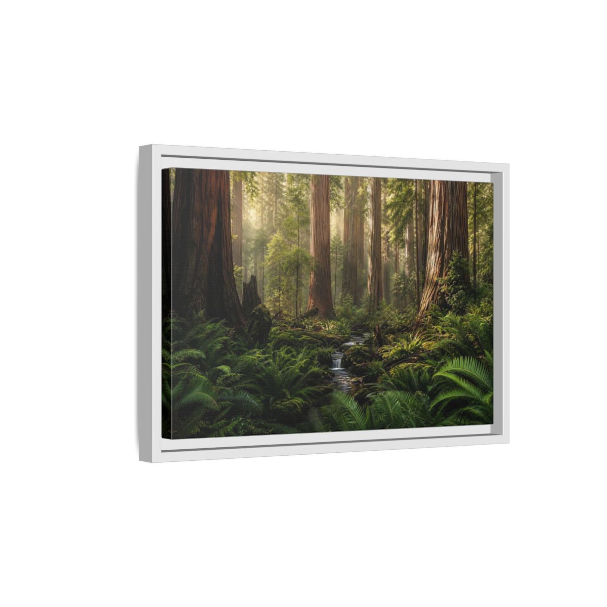 Side Mockup 4. Mossy Redwood Forest Stream shown as framed canvas print