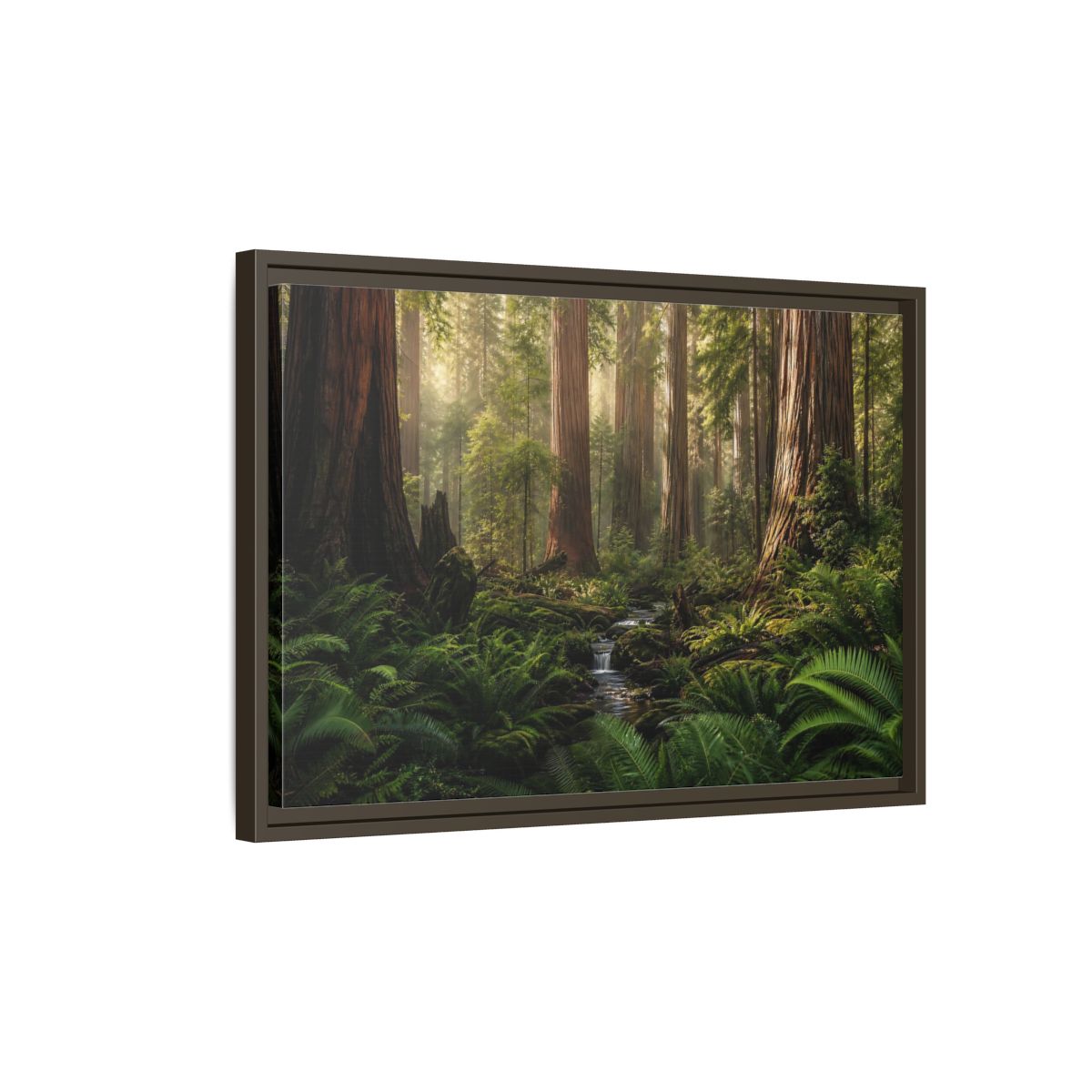 Side Mockup 2. Mossy Redwood Forest Stream shown as framed canvas print