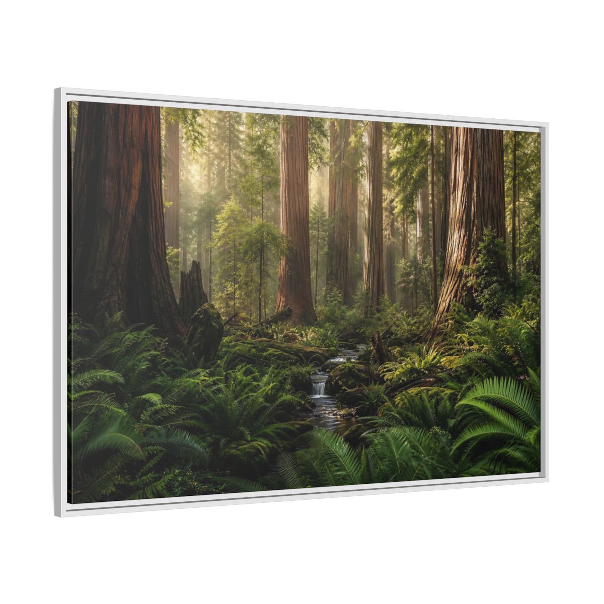 Side Mockup 7. Mossy Redwood Forest Stream shown as framed canvas print