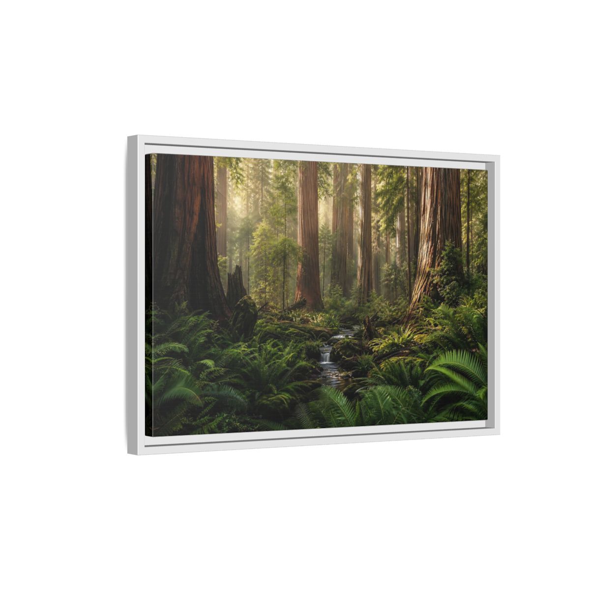 Side Mockup 1. Mossy Redwood Forest Stream shown as framed canvas print