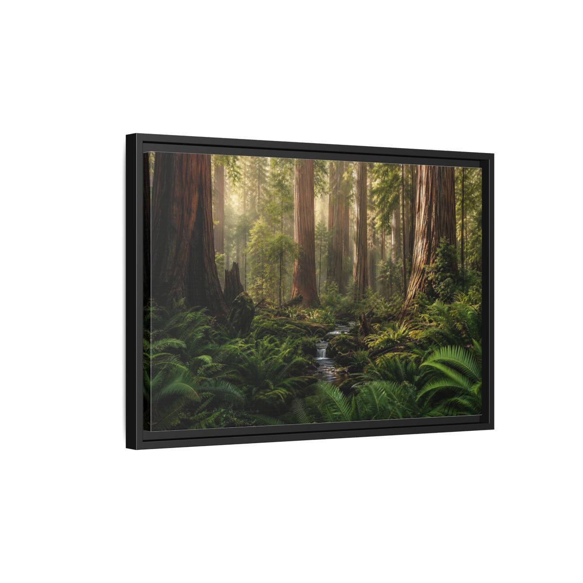 Side Mockup 3. Mossy Redwood Forest Stream shown as framed canvas print