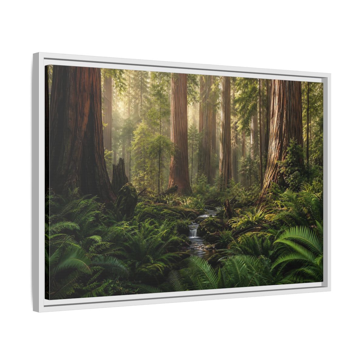 Side Mockup 10. Mossy Redwood Forest Stream shown as framed canvas print
