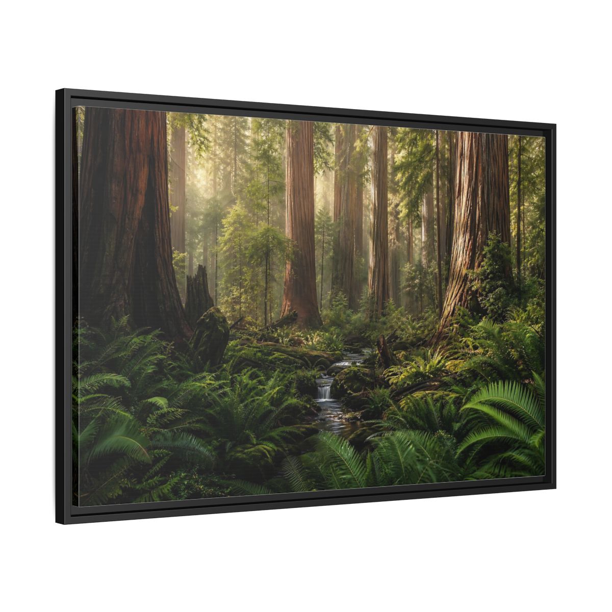 Side Mockup 13. Mossy Redwood Forest Stream shown as framed canvas print