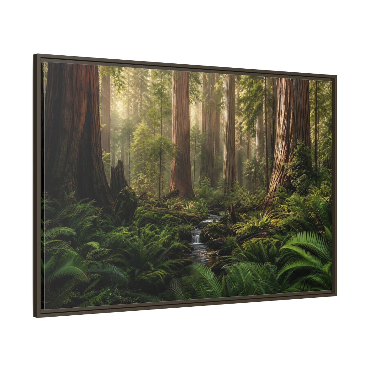 Side Mockup 8. Mossy Redwood Forest Stream shown as framed canvas print