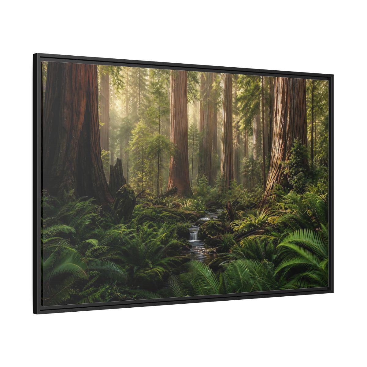 Side Mockup 12. Mossy Redwood Forest Stream shown as framed canvas print