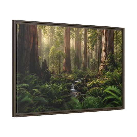 Main Mockup. Mossy Redwood Forest Stream shown as framed canvas print