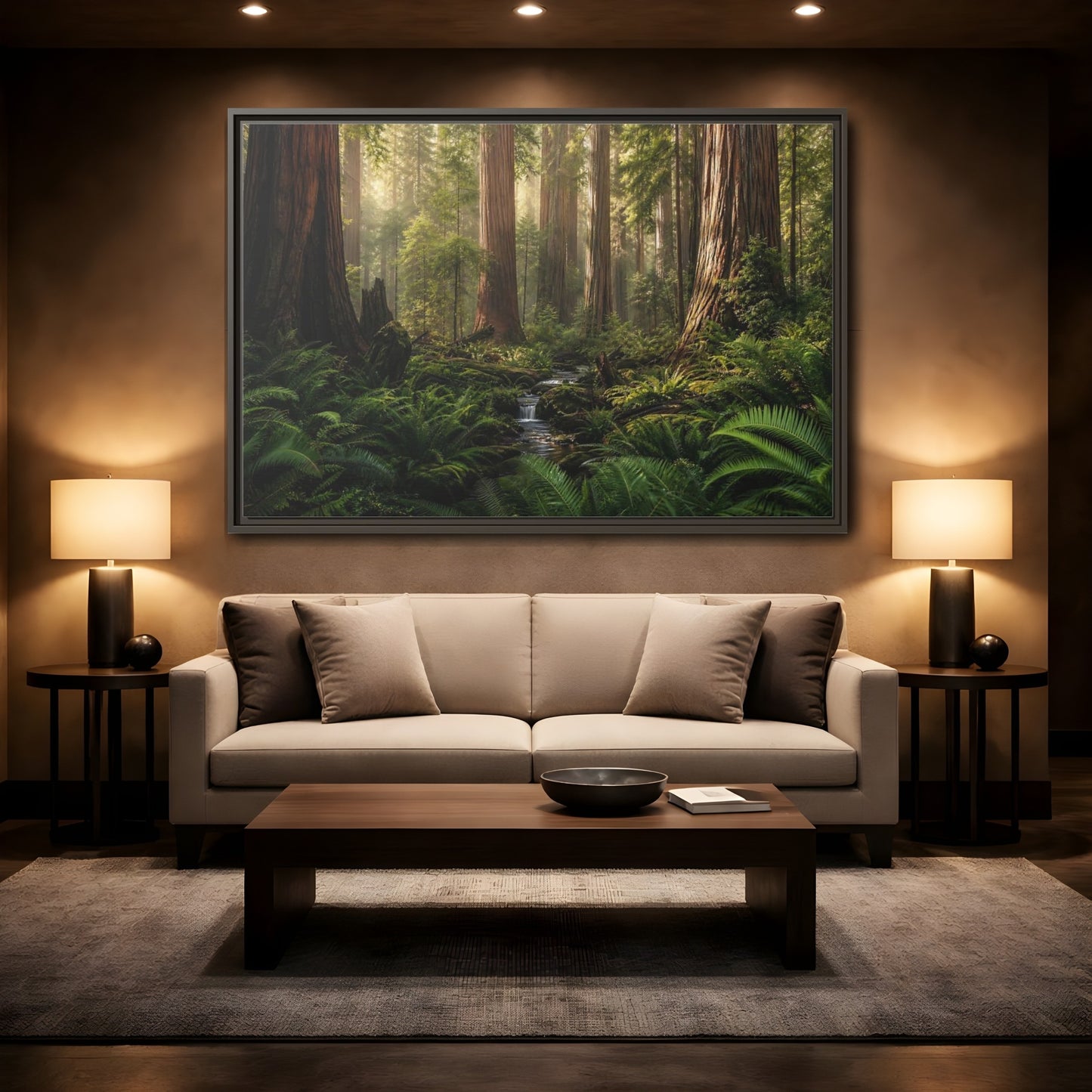 Mockup 2. Mossy Redwood Forest Stream shown as framed canvas print