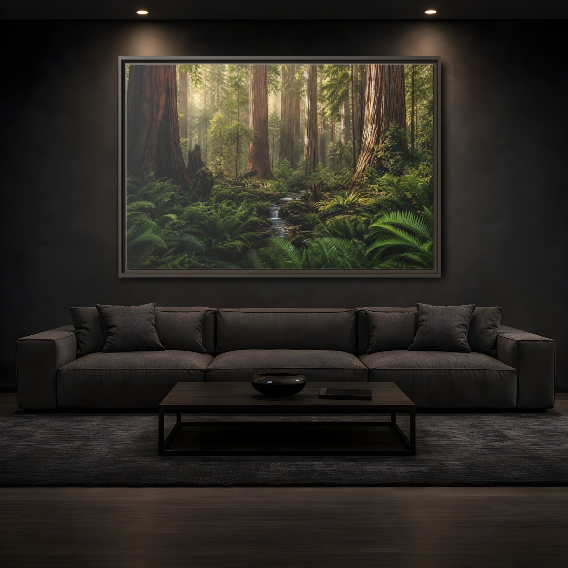 Mockup 3. Mossy Redwood Forest Stream shown as framed canvas print