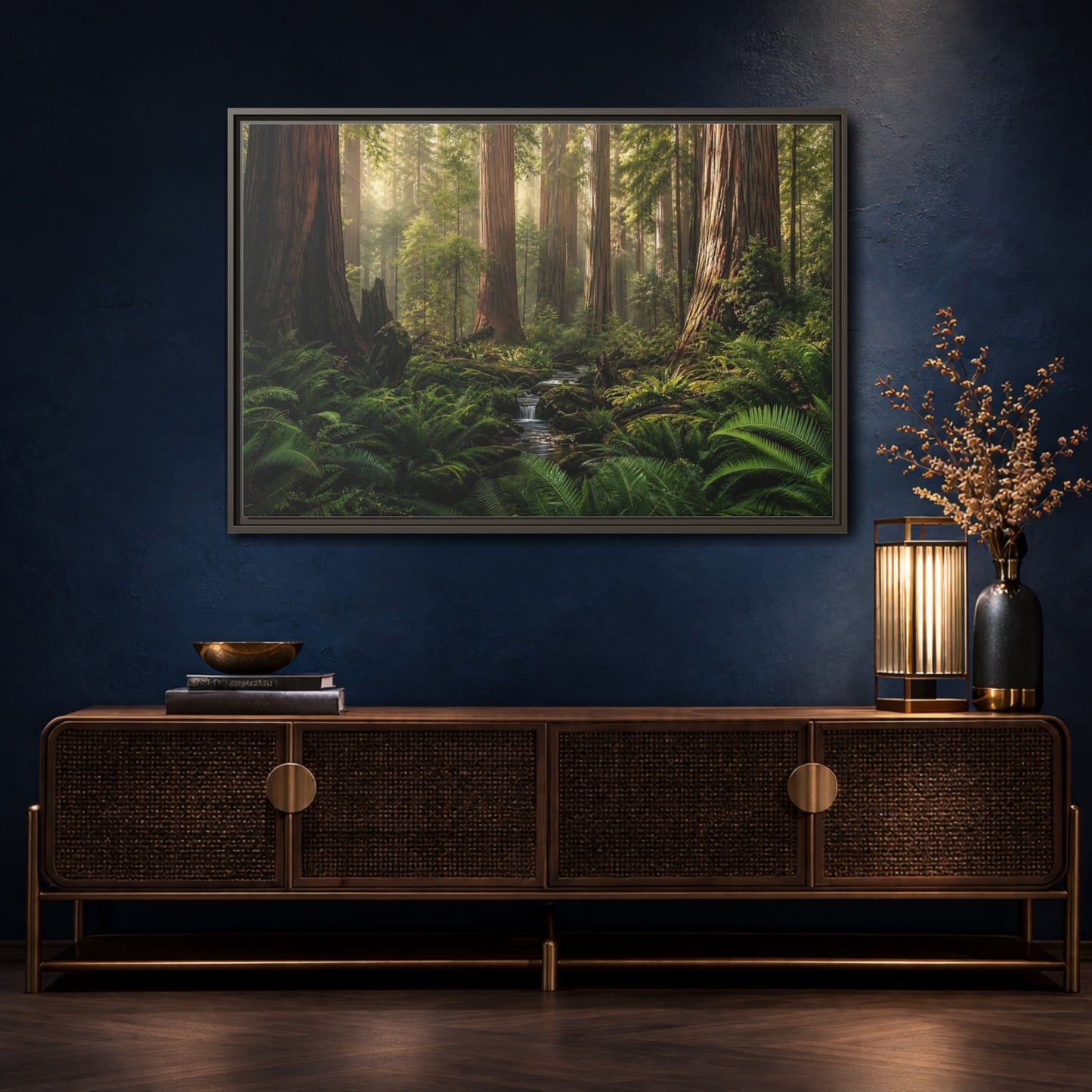 Mockup 4. Mossy Redwood Forest Stream shown as framed canvas print