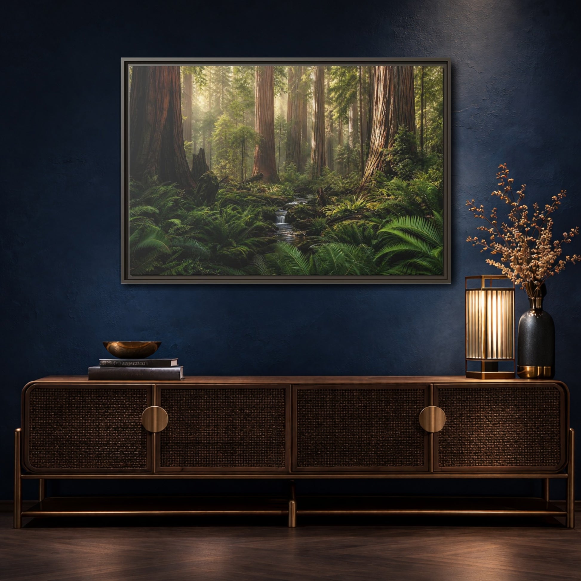 Mockup 4. Mossy Redwood Forest Stream shown as framed canvas print