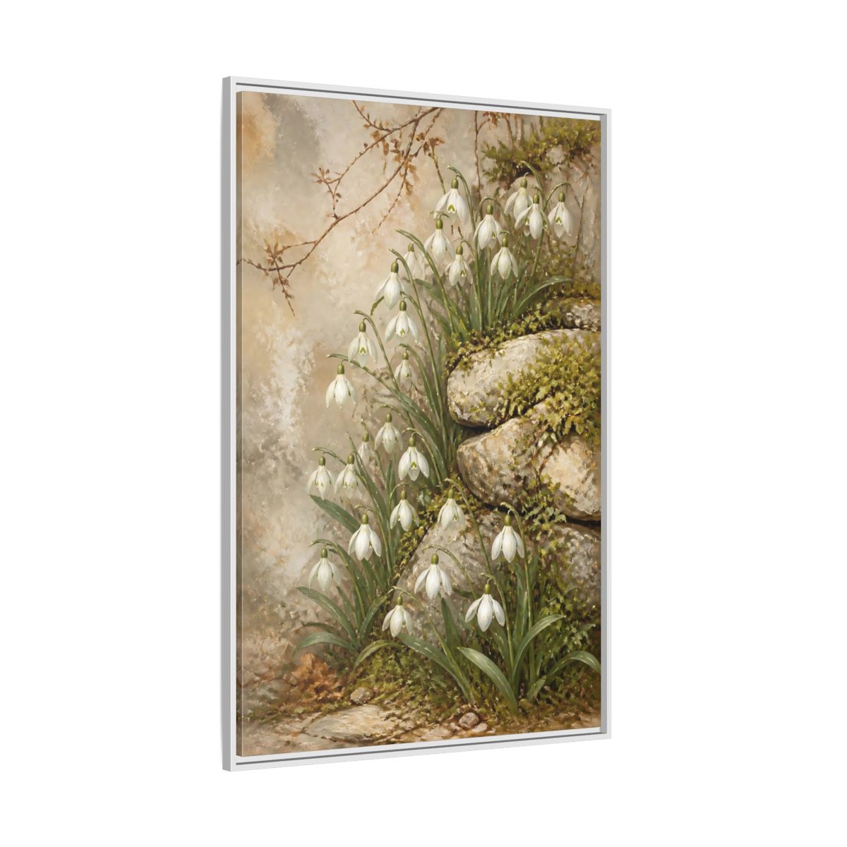 Side Mockup 7. Mossy Rocks And Snowdrops shown as framed canvas print