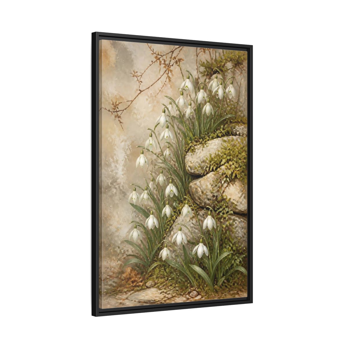 Side Mockup 13. Mossy Rocks And Snowdrops shown as framed canvas print