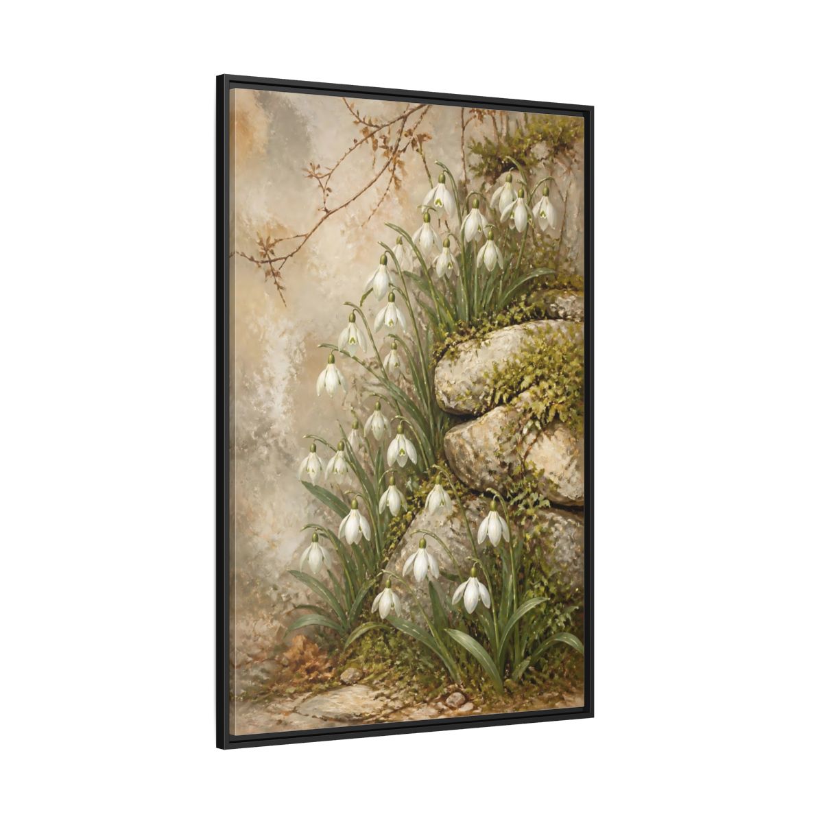 Side Mockup 12. Mossy Rocks And Snowdrops shown as framed canvas print