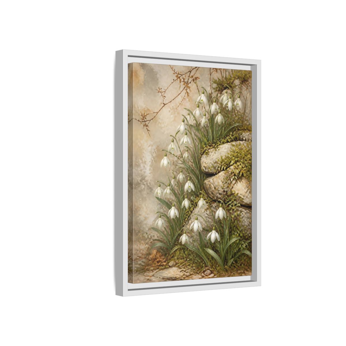 Side Mockup 4. Mossy Rocks And Snowdrops shown as framed canvas print