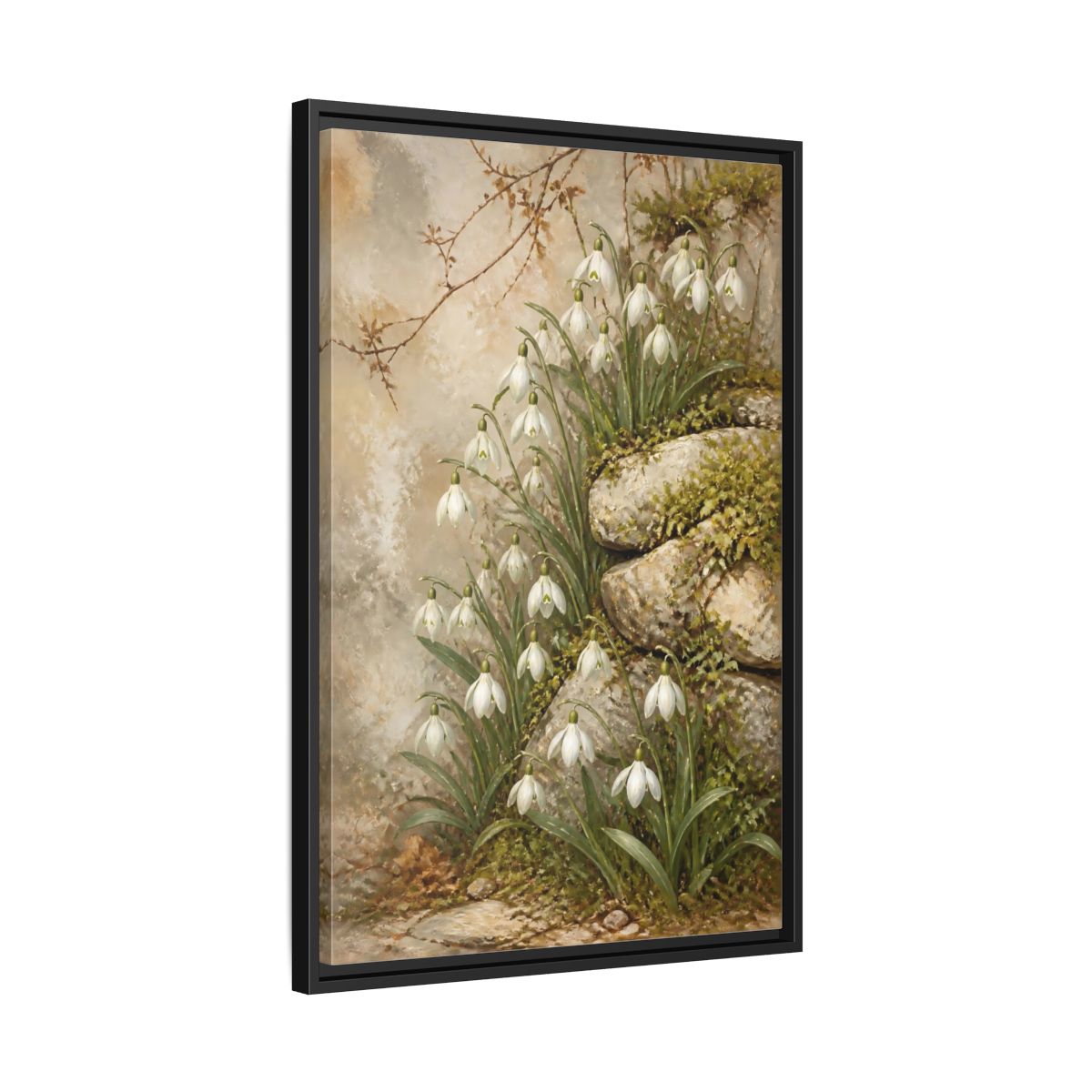 Side Mockup 14. Mossy Rocks And Snowdrops shown as framed canvas print