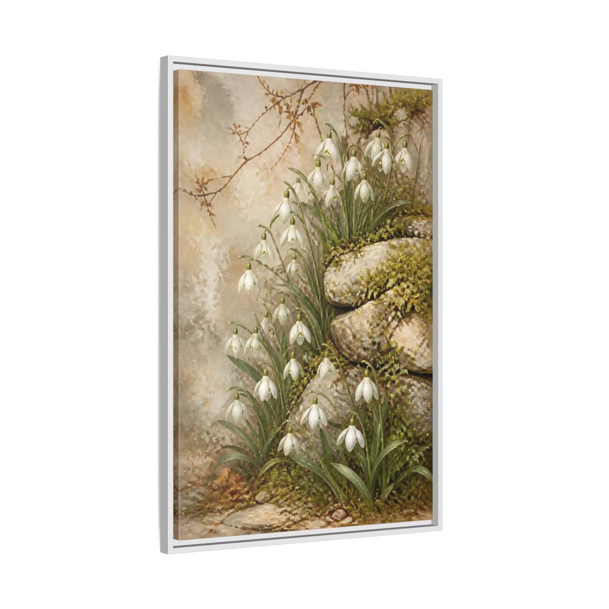 Side Mockup 9. Mossy Rocks And Snowdrops shown as framed canvas print