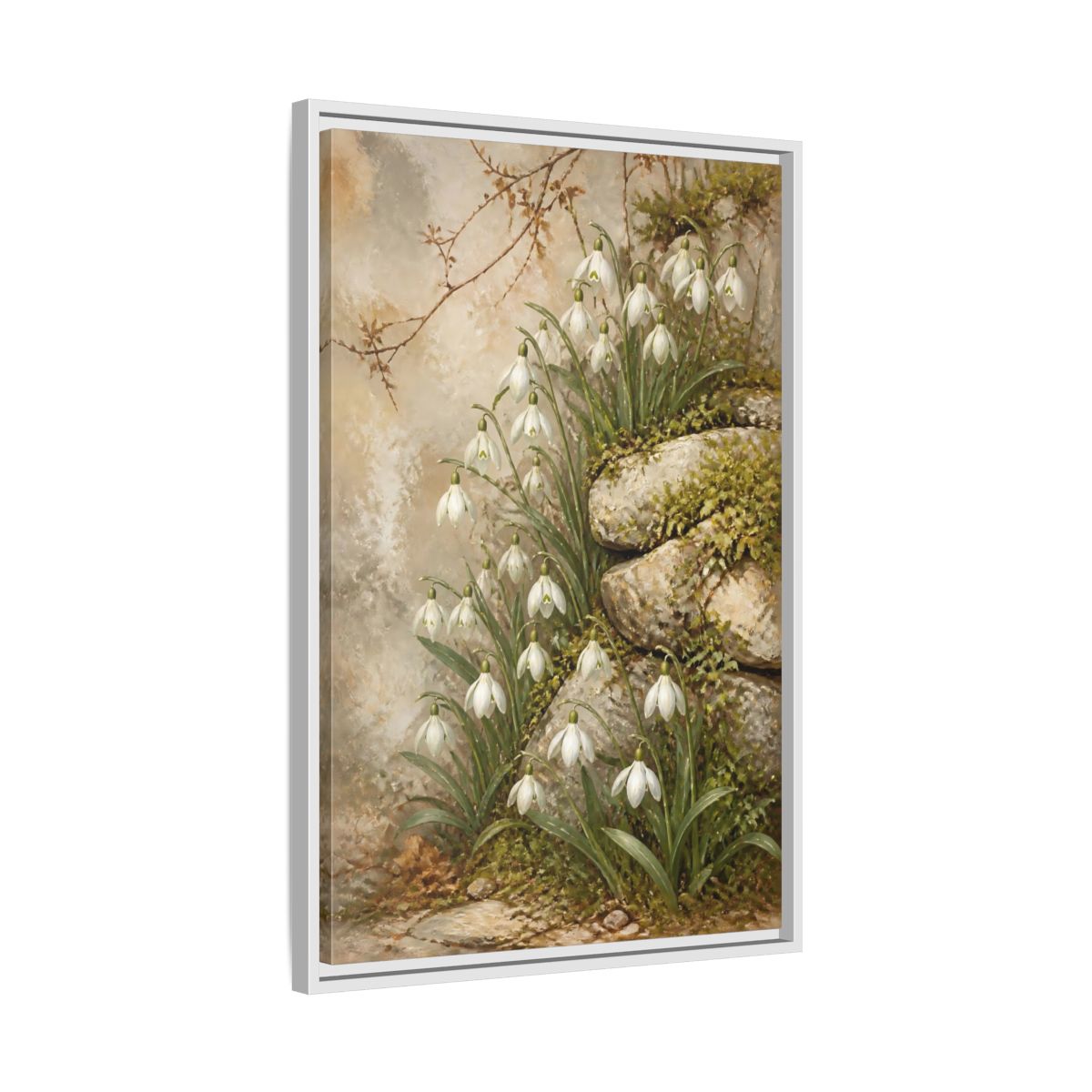 Side Mockup 10. Mossy Rocks And Snowdrops shown as framed canvas print