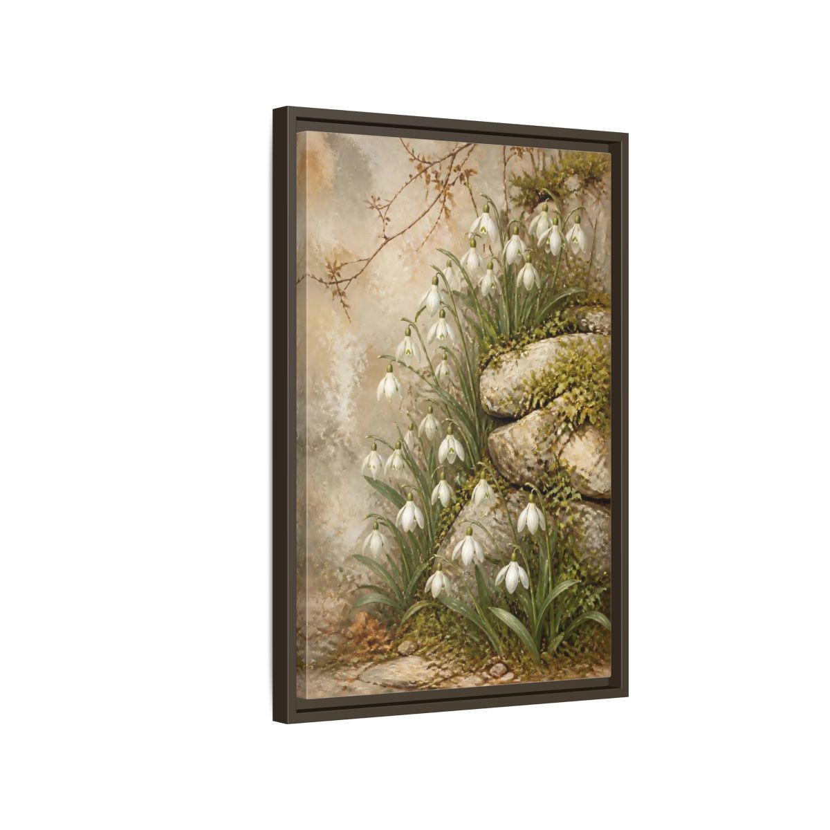 Side Mockup 2. Mossy Rocks And Snowdrops shown as framed canvas print