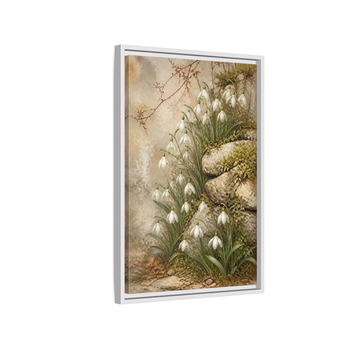 Side Mockup 1. Mossy Rocks And Snowdrops shown as framed canvas print