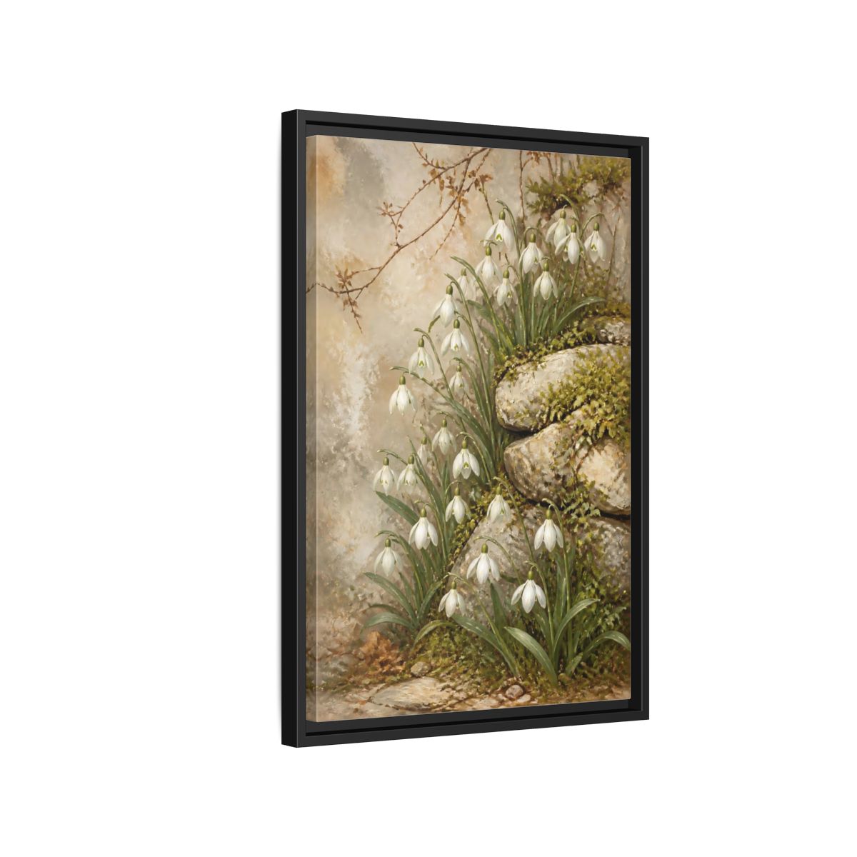 Side Mockup 3. Mossy Rocks And Snowdrops shown as framed canvas print