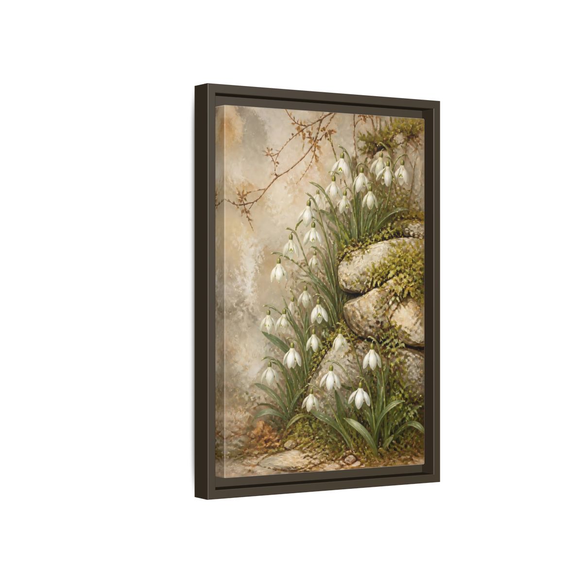 Side Mockup 5. Mossy Rocks And Snowdrops shown as framed canvas print
