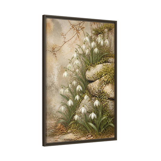 Main Mockup. Mossy Rocks And Snowdrops shown as framed canvas print