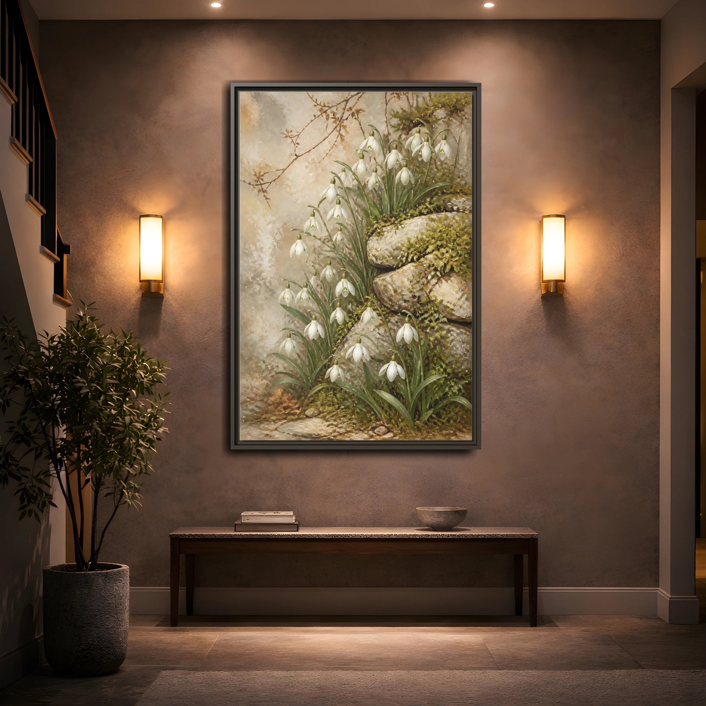 Mockup 2. Mossy Rocks And Snowdrops shown as framed canvas print