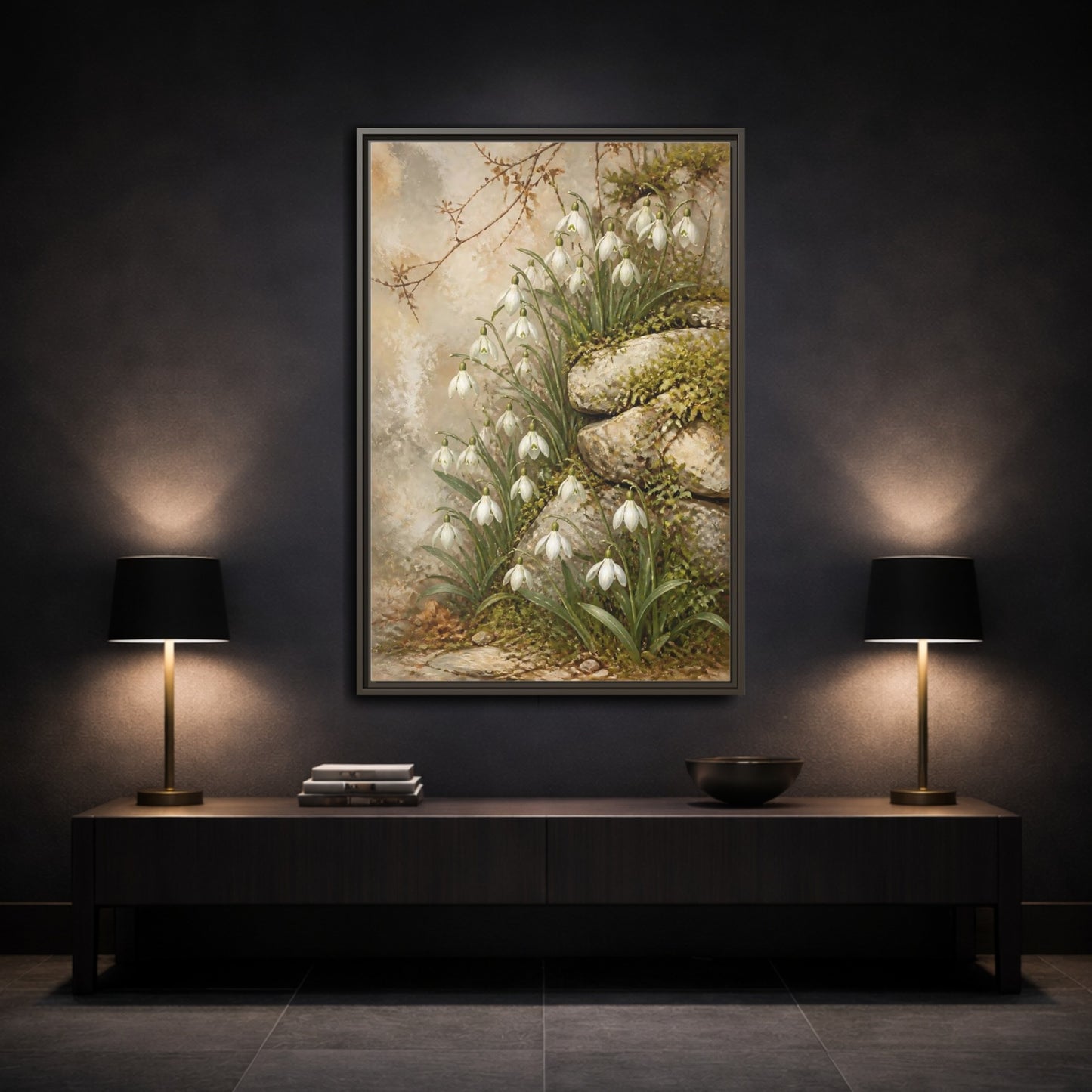 Mockup 3. Mossy Rocks And Snowdrops shown as framed canvas print