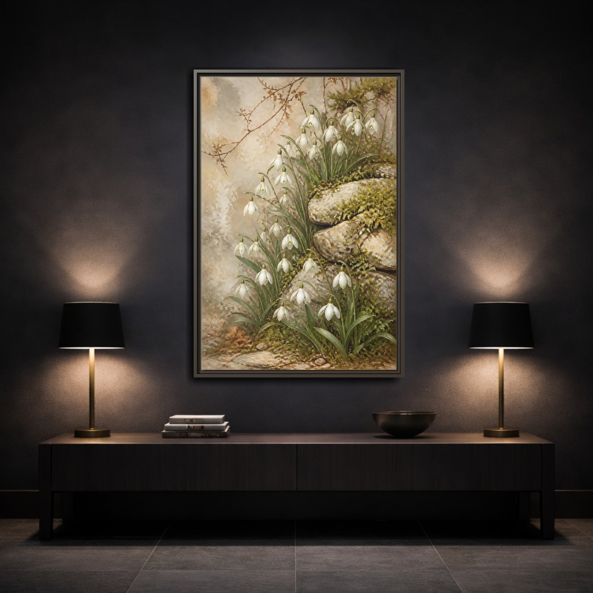 Mockup 3. Mossy Rocks And Snowdrops shown as framed canvas print