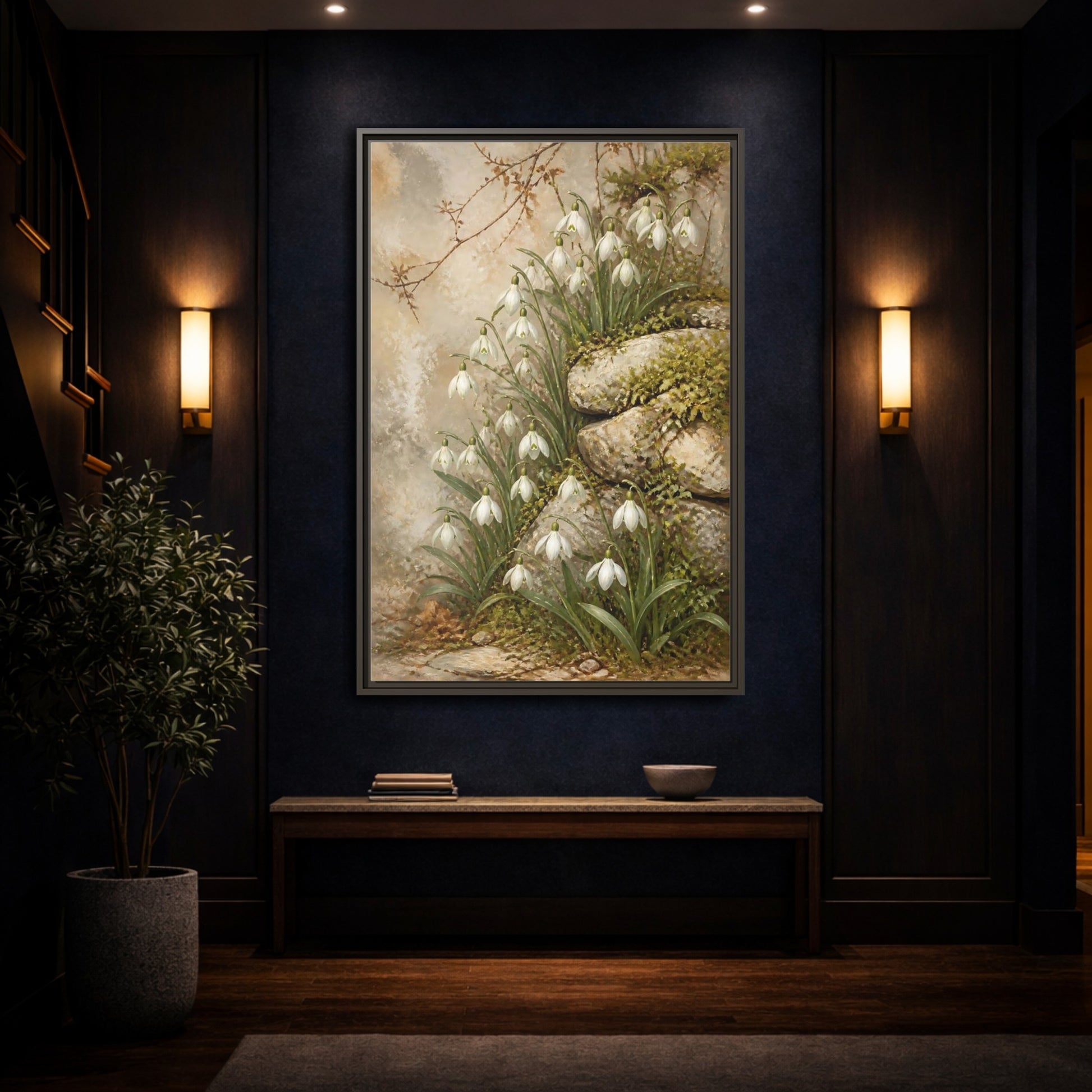 Mockup 4. Mossy Rocks And Snowdrops shown as framed canvas print