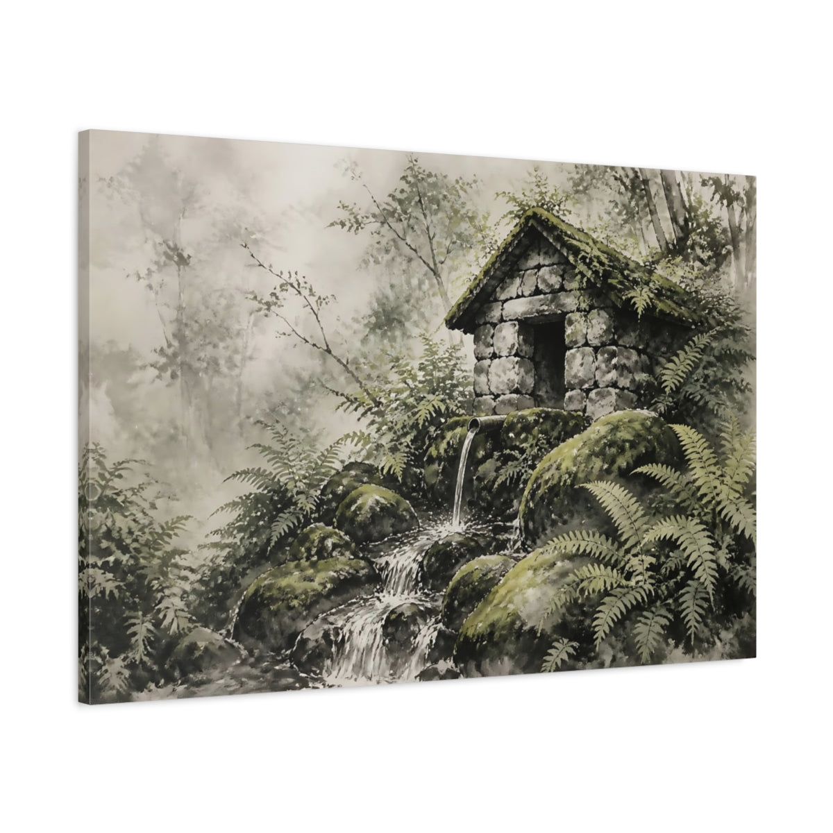 Main Mockup. Mossy Springhouse Among Ferns shown as canvas print