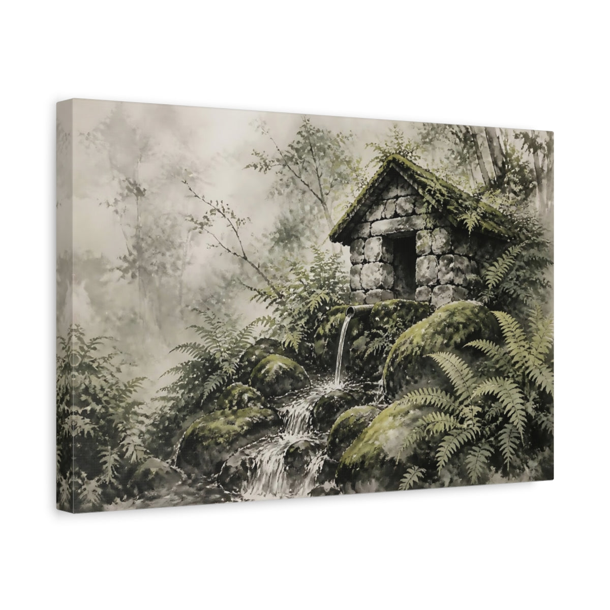 Side Mockup 4. Mossy Springhouse Among Ferns shown as canvas print