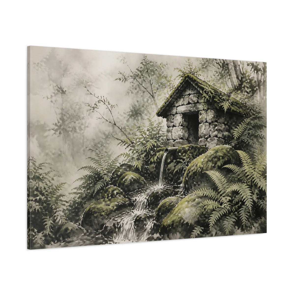 Side Mockup 1. Mossy Springhouse Among Ferns shown as canvas print