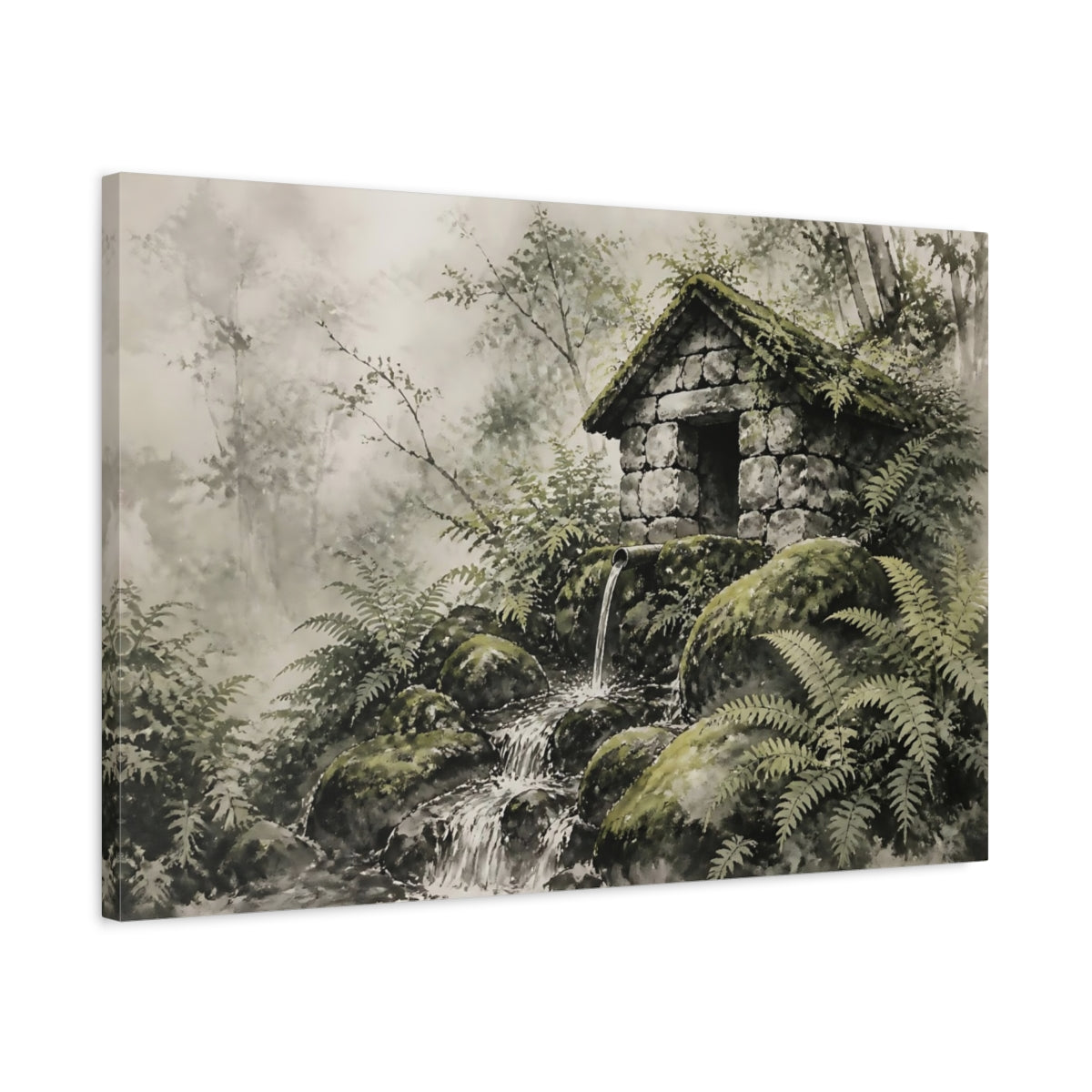 Side Mockup 2. Mossy Springhouse Among Ferns shown as canvas print